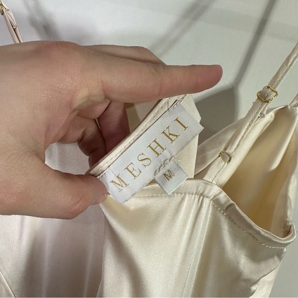 Meshki Ivory Satin Cowl Neck Spaghetti Strap Maxi Column Dress - Picture 6 of 9